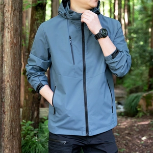 Men's casual waterproof hooded windbreaker jacket in grey blue for outdoor activities