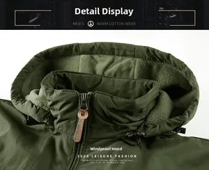 Close-up of windproof adjustable hood and fleece lining on army green jacket