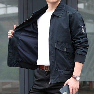 Men's navy blue cotton flight jacket with embroidered sleeve badge and cargo pockets