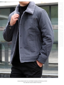 Detail of dark gray men jacket with faux shearling collar and metal button closure