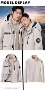 Detail view of cream white 3-in-1 windbreaker jacket with removable fleece liner