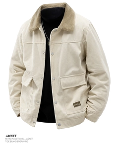 Detail of beige corduroy jacket with brown faux shearling collar and metal buttons