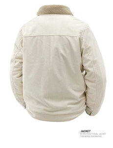Detail view of the retro corduroy jacket back with premium faux fur collar and texture