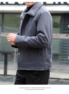 Close-up of men's winter jacket with warm lamb wool collar and single-breasted buttons