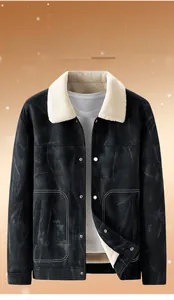 Detail of men's black suede jacket featuring contrast cream faux shearling collar and lining