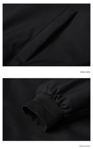 Detail view showing the ribbed cuffs and side pockets of a black padded winter jacket