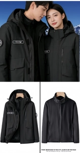 Detail of black 3-in-1 outdoor parka with hooded jacket and removable inner lining