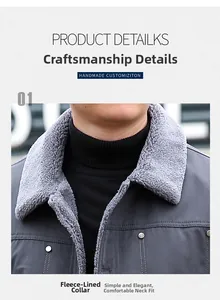 Close-up of a men winter jacket featuring a thickened grey fleece collar and dark fabric