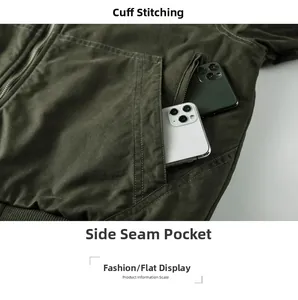 Detail der Seitentasche einer olivgrünen Canvas-Jacke mit zwei Handys für das Taschenvolumen
