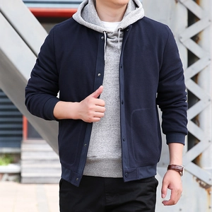 Men's navy waffle knit jacket with metal snap buttons and rib-knit cuffs in casual style