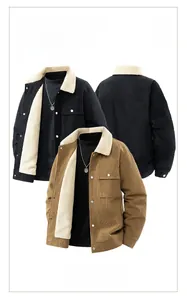 Detail of men corduroy jacket showing warm sherpa lining and cord texture in two colors
