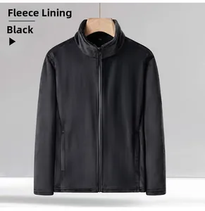 Detail of black fleece lining jacket with full zipper and stand collar for warmth