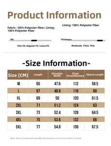 Detailed size chart for men corduroy jacket with measurements from M to 5XL