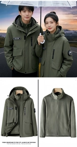 Detail view of olive green 3-in-1 jacket showing removable fleece lining and hooded shell