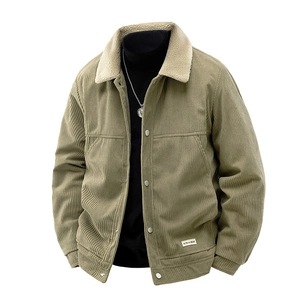 Men's khaki green corduroy jacket with 3D sherpa fleece collar and button closure