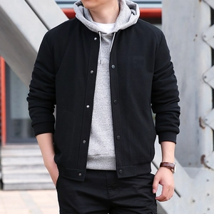 Men's black waffle texture bomber jacket with metal snap buttons and casual rib cuffs
