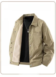 Detail of men's khaki waffle jacket showing the warm fleece lining and turn-down collar