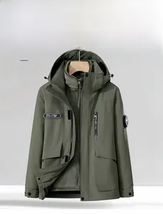 Front detail of army green 3-in-1 outdoor jacket with hood and passion patch