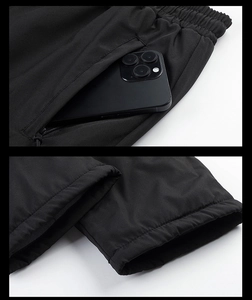 Detail of fleece-lined trousers featuring zipper side pockets and elastic ribbed ankle cuffs