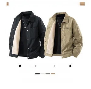 Detailed close-up of men's winter waffle jacket with plush lining and button front