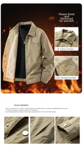 Detail of khaki jacket with waffle texture fabric and warm white fleece lining