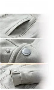 Detail view of grey faux suede jacket with metallic buttons and hand pockets