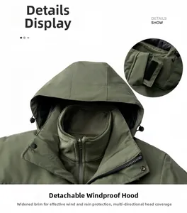 Detail show of detachable windproof hood and high collar zip on army green outdoor jacket