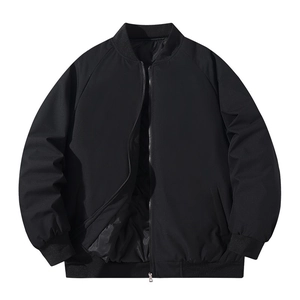 Men's black padded bomber jacket with thick insulation and classic baseball collar style
