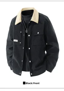 Detail of black corduroy jacket with beige shearling collar and chest pocket embroidery