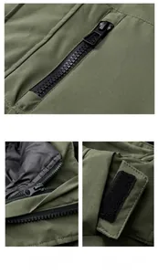 Detail view of olive green jacket showing zipper pocket, detachable lining and windproof collar