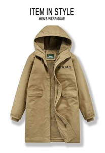 Detail of khaki parka with thick lamb wool lining and double closure front buttons