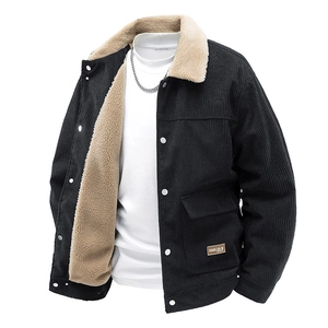 Men's black corduroy winter jacket with warm sherpa lining and vintage collar design