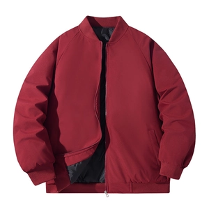 Men's winter thick padded baseball collar jacket in dark burgundy wine red finish