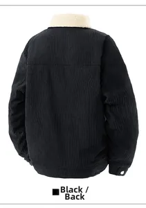 Back view of black corduroy jacket for men with a warm white sherpa fleece collar
