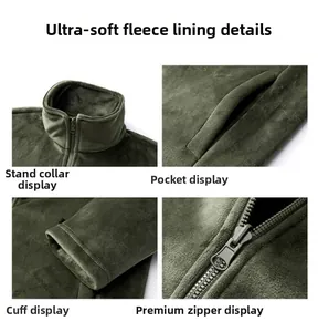 Detailed views of dark green fleece lining with high collar, pockets, and premium zipper