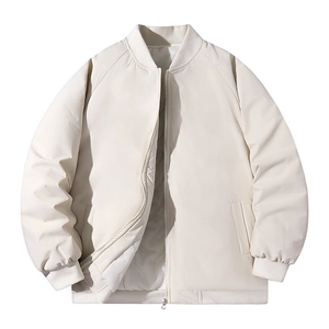 Off-white winter bomber jacket for men with thick thermal padding and ribbed cuffs