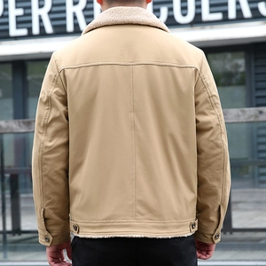 Men's khaki winter jacket with fleece collar and warm cotton lining in outdoor view