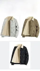 Detail view of men's suede jacket showing plush faux shearling lining in three colors