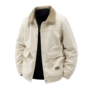 Men's cream corduroy jacket with sherpa collar and front flap pockets in a classic fit