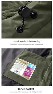 Detail of adjustable windproof drawstring and secure inner pocket on outdoor jacket