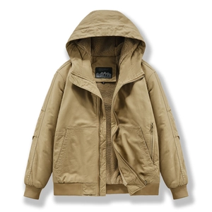Herren Cargo-Jacke in Khaki mit Kapuze und warmem Lammfell-Futter für den Winter
