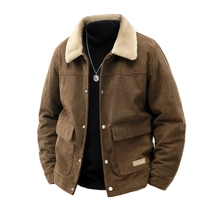 Men's brown corduroy jacket with beige fleece collar and large front pockets