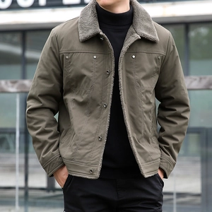 Men's winter fleece-lined olive green jacket with shearling collar and metallic buttons