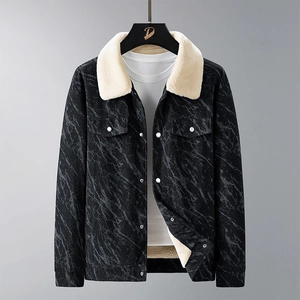 Herren Winterjacke Cord Marble Print Lammfell Gefüttert Warm Revers Einreihig Mantel Outdoor Casual Streetwear