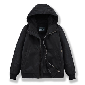 Herren Baumwoll-Leinenjacke in Schwarz mit warmem Fleece-Futter und Kapuze