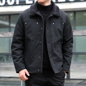 Men's winter thick fleece-lined jacket with grey faux shearling collar and button detail