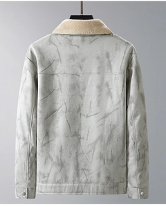 Rear view detail of men's faux suede jacket with white faux fur collar and buttoned cuffs