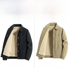 Detail view of khaki and black men's sherpa-lined lapel jackets with waffle texture fabric