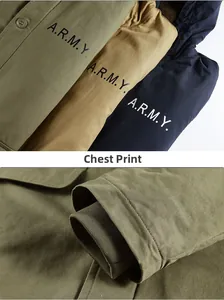 Close-up of ARMY print on chest and ribbed cuffs of retro winter N1 deck coat