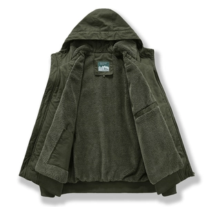 Armeegrüne Herren-Arbeitsjacke mit Kapuze, dickem Fleece-Futter und Rippbündchen für Winter